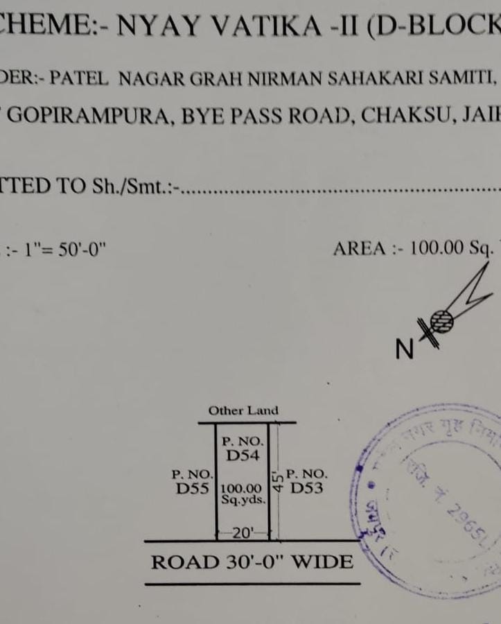 NYAY VATIKA -2 D-54, NORTH WEST FACING, 20*45  100 SQ YARDS 30 FEET ROAD SHIVDASPURA SE AAGE TONK ROAD SE ANDAR