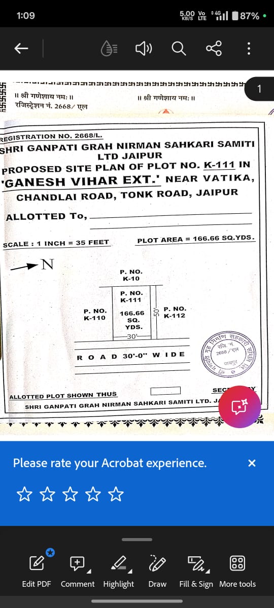 K-111 , 166sqyd Ganesh vihar extension Vatika chandlai road Society patta